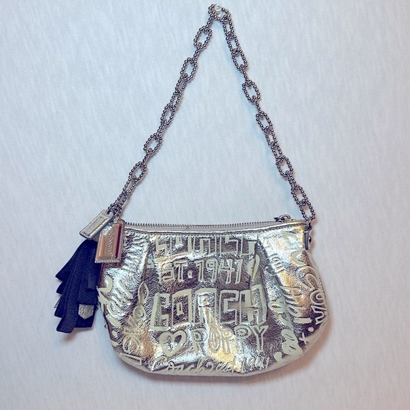 Coach LtdEd Poppy Silver Etched Storypatch Small Evening Shoulder Bag Purse RARE - Picture 3 of 15
